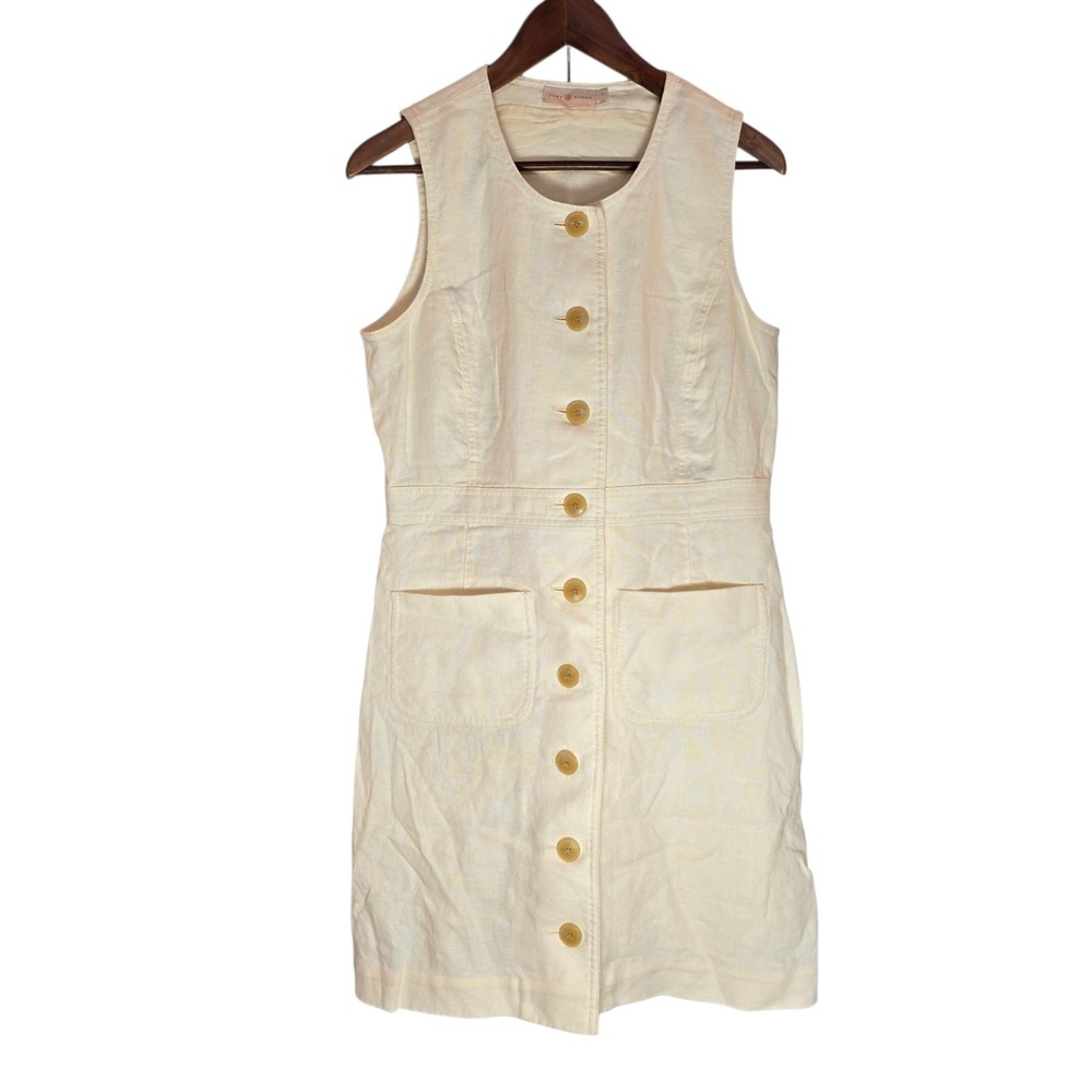Tory Burch Cream Linen Tunic Pockets Sleeveless Shift Dress Women's Size 4